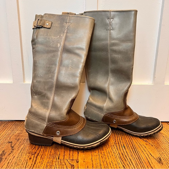 Sorel Slimpack Tall Boots Women Gray Brown Leather Equestrian